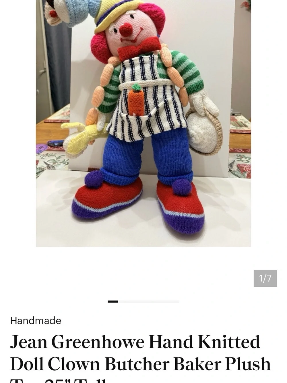 Handmade Knit Clown Doll - great details.  Classroom or nursery decor.